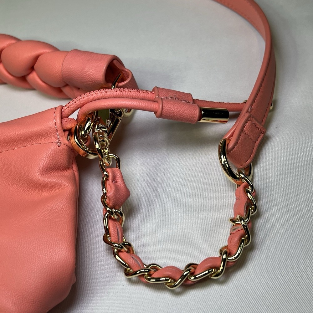 Steve Madden Peach Pink Smooth Faux Leather Crossbody Bag Woven Clutch Strap - Picture 3 of 9